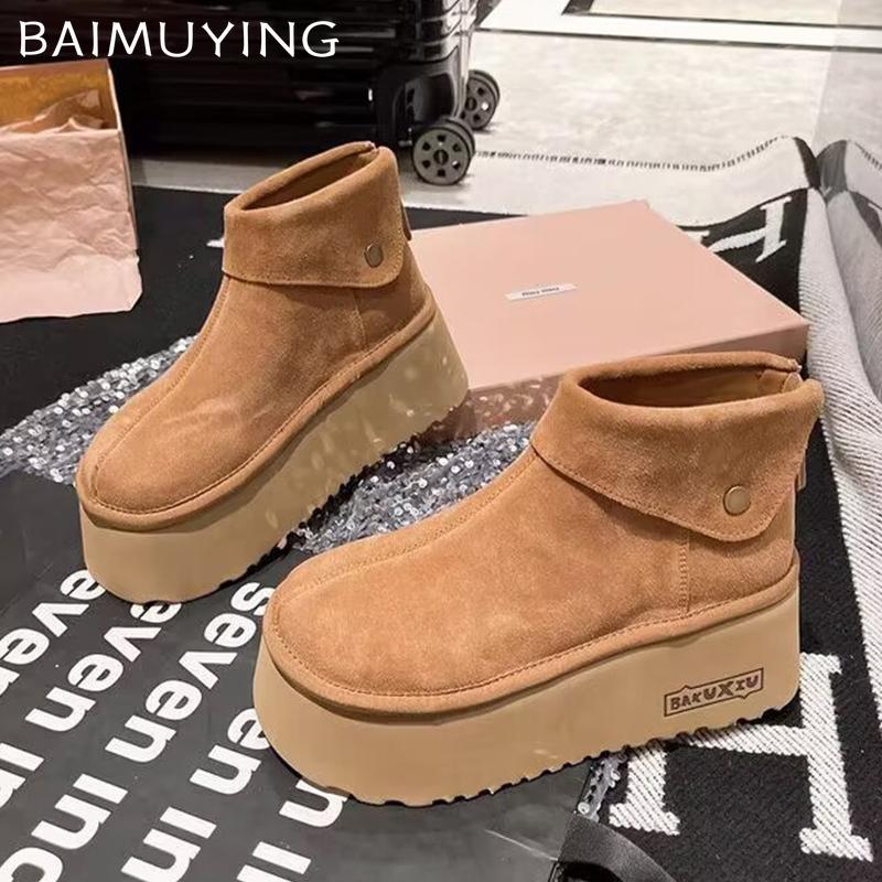 Замшевые женские зимние ботильоны на платформе, дизайнерские короткие плюшевые туфли на среднем каблуке, новый бренд 2025 года, теплые, удобные, зимние ботинки для женщин