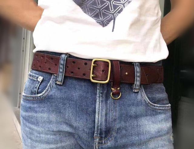 Мужской роскошный модный ремень с двойной булавкой и медной пряжкой, джинсы в стиле ретро первого слоя из натуральной яловой кожи, стильные мужские ремни