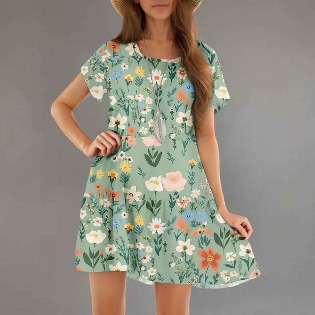 Women's Fashion Casual Round Neck Short Sleeve Ruffle Gradient Printed Dresses