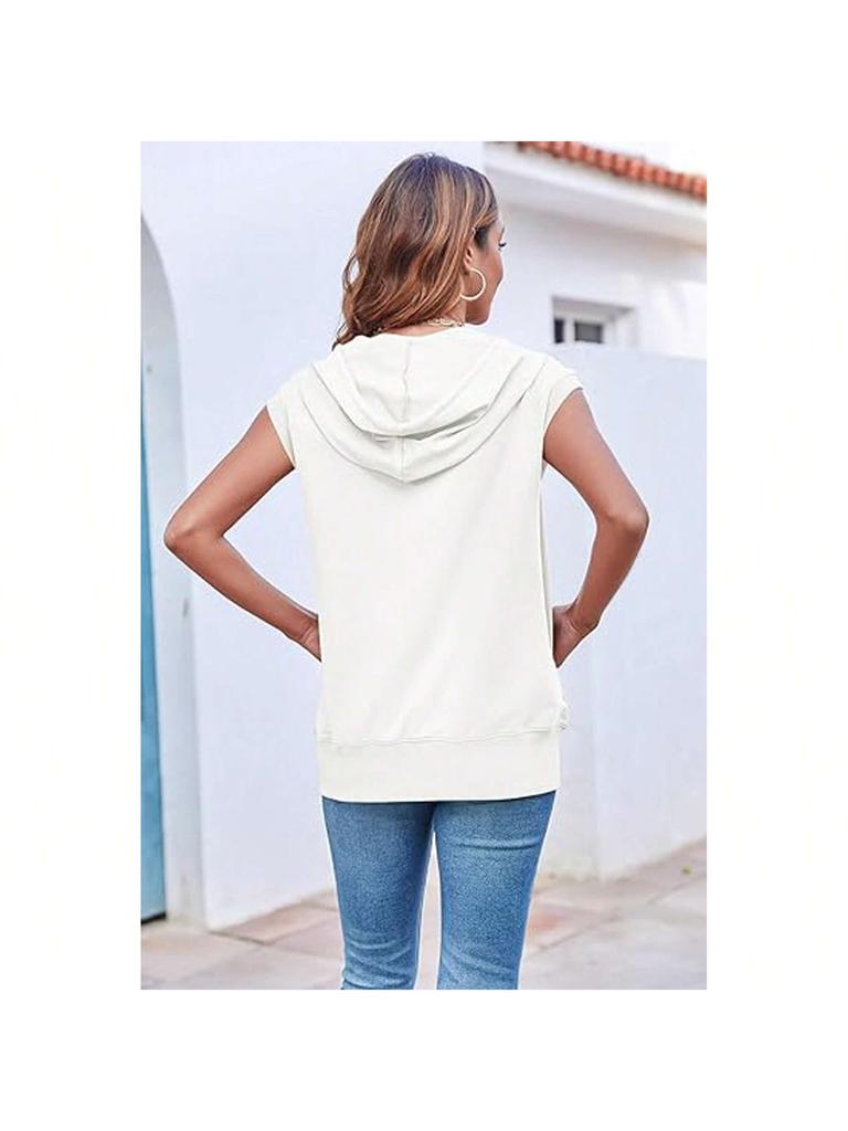Women's Sleeveless Zip Up Hoodie Vest Loose Drawstring Lightweight Jacket with Pockets