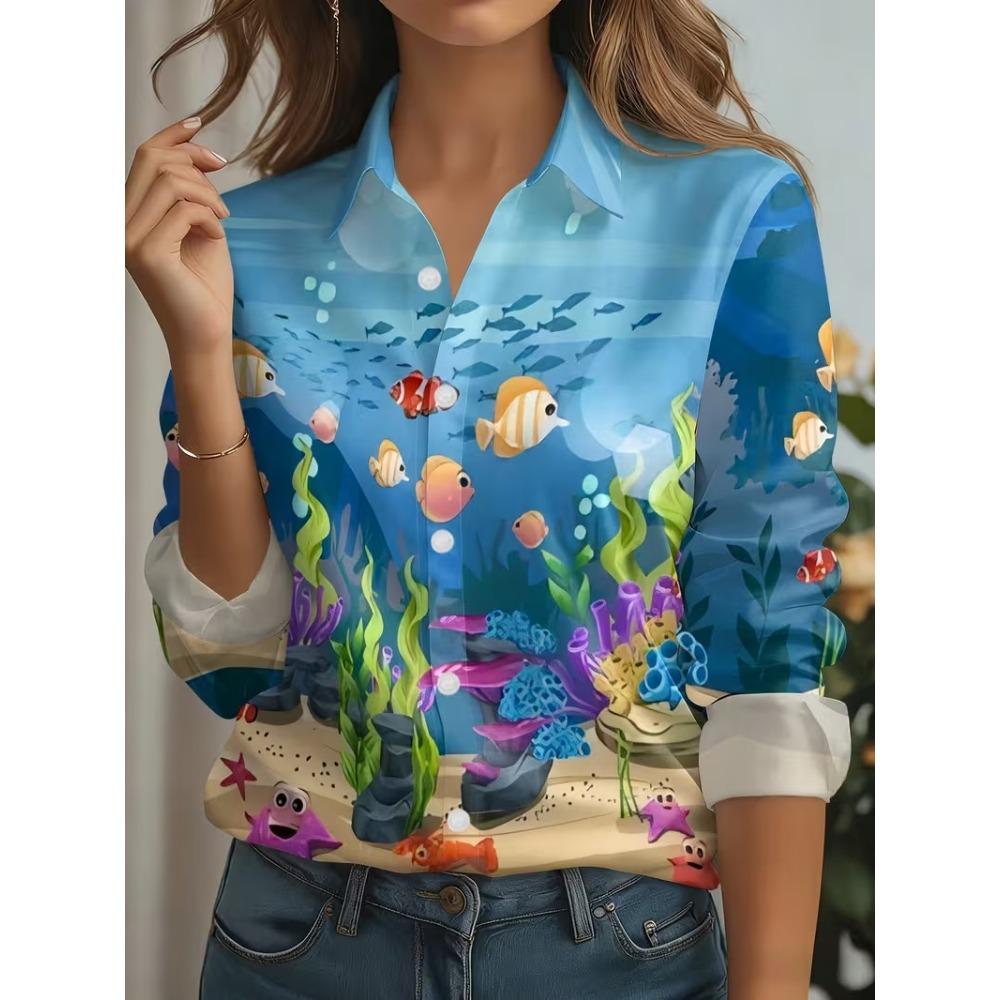 Plus Size Women's Shirt Elegant Cat Printed Spring Autumn Blouse Top