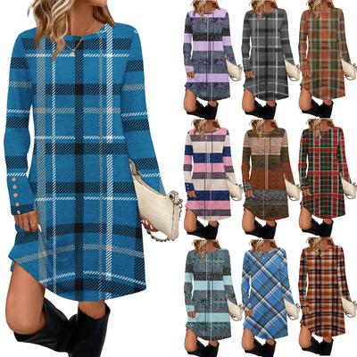 Женское модное повседневное платье с карманом, декоративными пуговицами, круглым вырезом и длинными рукавами