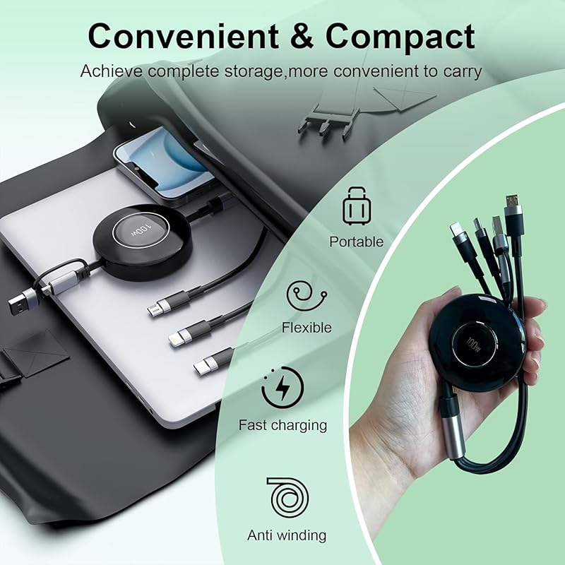 [100W 2025 New Edition] 3in2 Retractable Charging Cable 100W PD compatible/Charging 3 Devices Simultaneously 3 In 2 Charging Cord PD3.0/QC3.0 Super