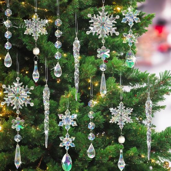 18Pcs Christmas Snowflake Ornaments Hanging Acrylic Crystal Snowflakes Icicle Drop Decorations for Christmas Tree Winter Party Decor