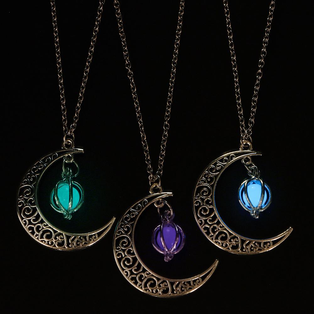 Fashion Xmas Gifts Luminous Necklace Silver Plated Glow In The Dark Moon&Pumpkin Pendant