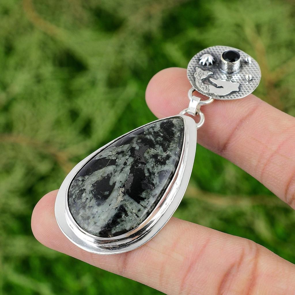 Pear Green Rice Jasper Stone Black Onyx 925 Silver Mermaid New Pendant Jewelry