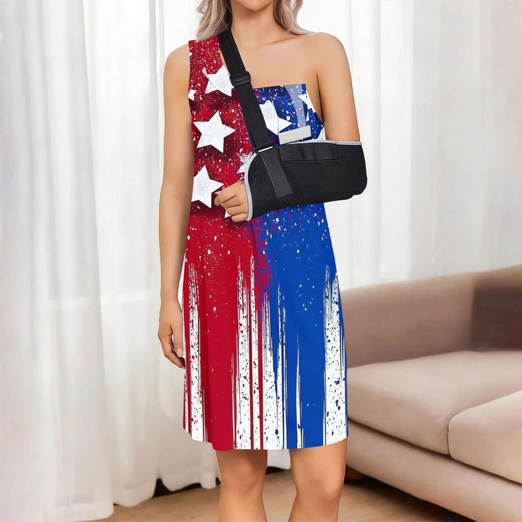 Sleeveless Tear Away Dress for Women Post Shoulder Surgery Independence Day Printed Knee Length Casual Dress with Side Slit