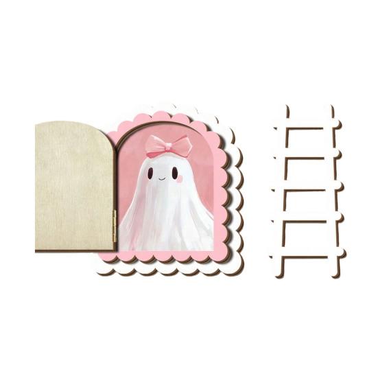 Ghost Shaped Wood Craft Halloween Cute Door Ornaments, Miniature with Ladder, Wooden Ornament 3 Layer Arch for Wall Bookshelf Decoration Eco Friendly