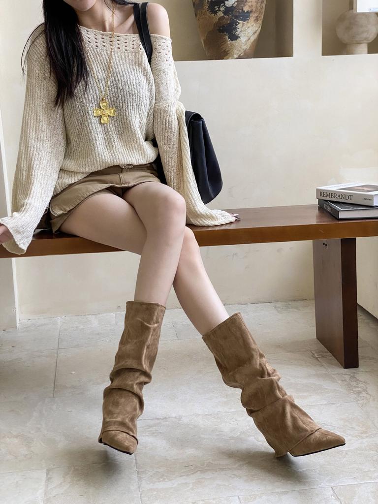 2025 Autumn and Winter New European and American Suede Pointed Head Thin Heel High Heel Temperament French Fashion Sexy Beautiful Women Boots Trouser