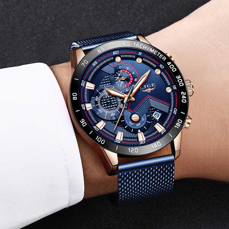 LIGE 2020 New Mens Watches Wrist Watch Quartz Clock Blue Watch Men Waterproof Sports Chronograph