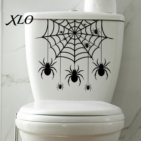 Quick Transform Washroom Stickers Halloween Spider Web Toilet Seat Sticker, Self-Adhesive Black Spiders Lid Decorative Glass Surface Decal,