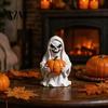 Creepy Cute Ghost Statue Halloween White Pumpkin Resin Statue, Spooky Holding Mini Hand Painted Ornament Figurine for Garden Yard Tabletop Mantel Home