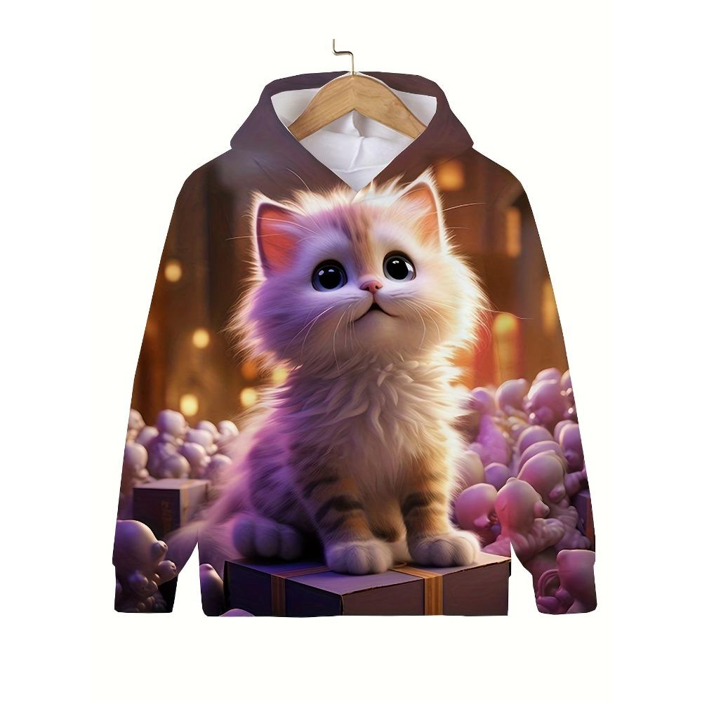 Детская одежда Толстовки с капюшоном для девочек с длинным рукавом, милый 3D-принт с котом, детская одежда на весну и осень, повседневная одежда для девочек с героями мультфильмов на открытом воздухе, топы