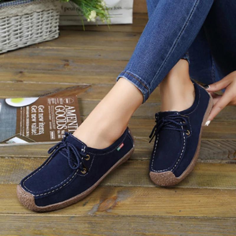 Модные женские повседневные туфли на шнуровке, замшевые мокасины, лоферы, уличные плоские кроссовки для женщин, удобные туфли для мам на шнуровке, размер плюс 42