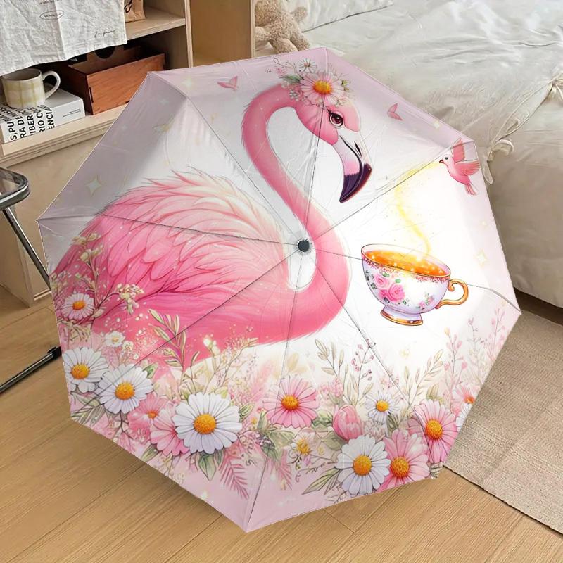 1pc Flamingo Tea Garden Umbrella with Plastic Handle,Suitable for All Seasons Home Travel Outdoor UmbrellaDD401