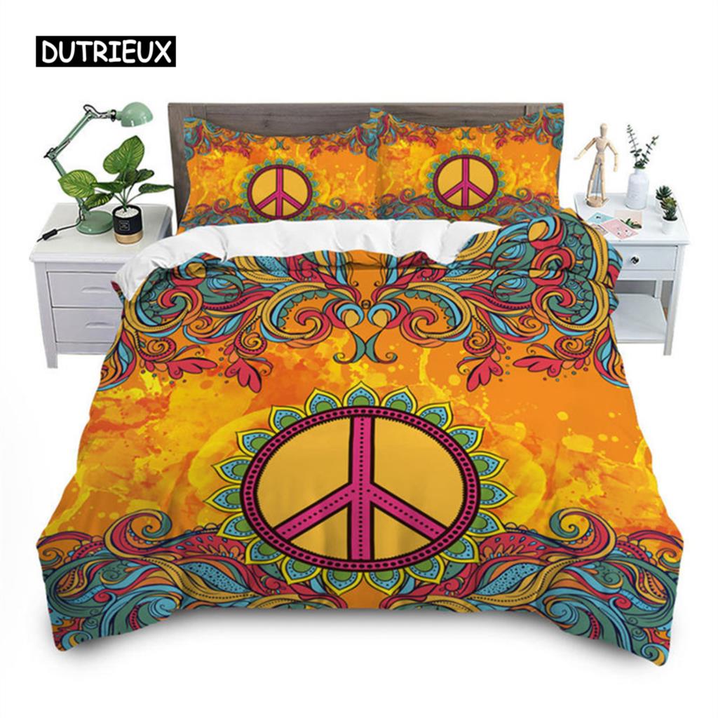 Пододеяльник с символом мира, великолепный комплект постельного белья Camper Van Peace Sign, микрофибра, мандала, одеяло, покрывало, украшение для спальни размера King Size