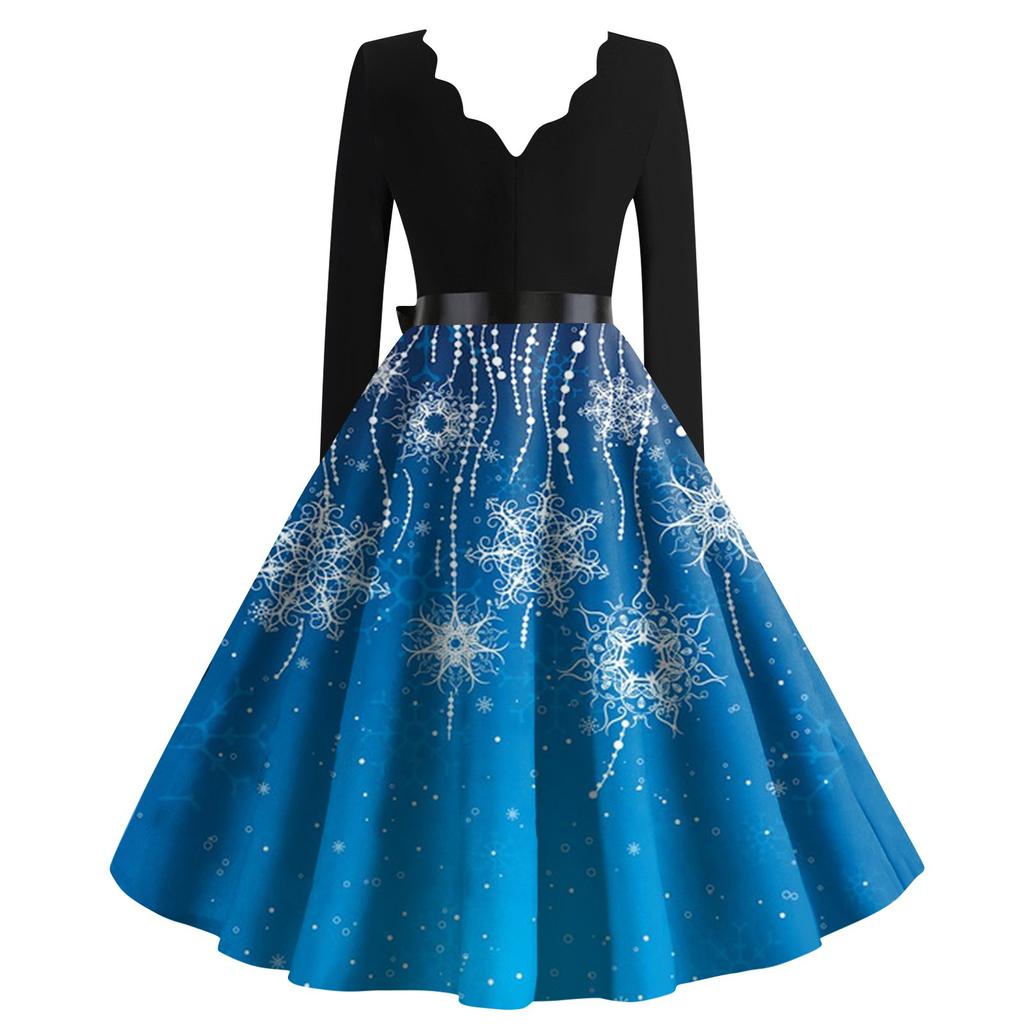 Женские рождественские повседневные модные винтажные платья с v-образным вырезом и длинными рукавами с принтом