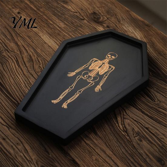 Unique Shape Dessert Plate Halloween Gothic Serving Tray with Engraved Skeleton, Wooden Charcuterie Board, Casket Skull Print Jewelry Display Storage