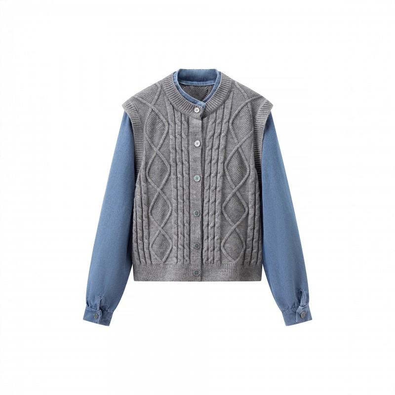 Fashion Trendy Denim Knit Fake Two-Piece Top Street Style Round Neck Long Sleeve Cardigan