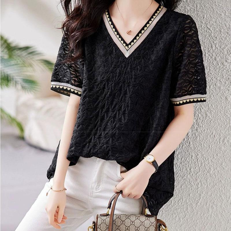 Корейская модная рубашка однотонного цвета с вставками, летняя тонкая с коротким рукавом, для работы, женская одежда, повседневная блузка с V-образным вырезом, свободного кроя, подходящая ко всему