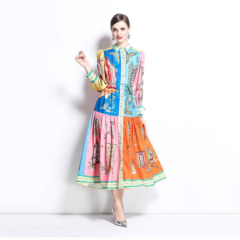 Spring Summer Women Turn-down Collar Shirt Vintage Print Oversize Long Loose Party Dresses