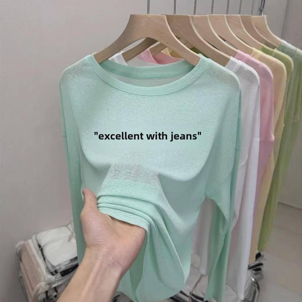 Women's Summer Ice Silk Gauze Sunscreen Blouse, Thin Airy Long-Sleeve Pink T-Shirt