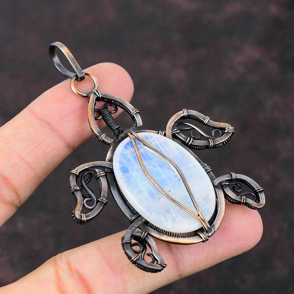 Радужный кулон с лунным камнем, медная проволока, обернутая кулоном, ювелирные изделия из драгоценных камней, кулон с черепахой ручной работы, уникальный медный дизайн, ювелирный подарок для женщин