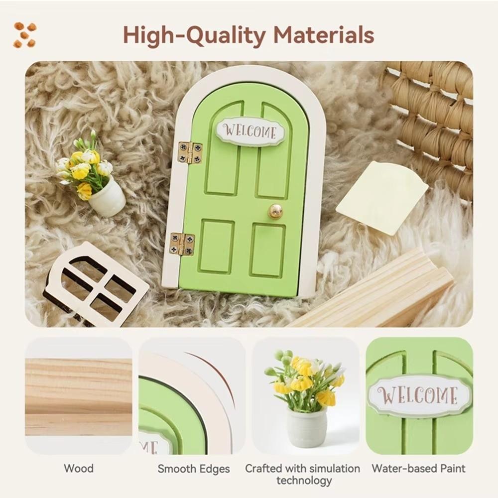 Simulation Balcony Wooden Fairy Elf Door Set Mini Craft Ornaments Fairy Door Fairytale-Style Room Wall Decor Dollhouse Elf Door