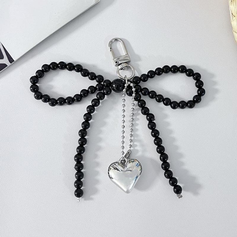 Брелок для ключей Ins Style Bowknot с бусинами, трехмерное серебряное сердце, кулон для телефона, чехол для наушников, подвеска, сумка, украшение, автомобильный брелок для ключей