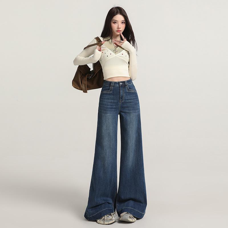 Retro micro-pull jeans, women's autumn new high-waisted loose-fitting wide-legged and thin, no-stick leg flared pants
