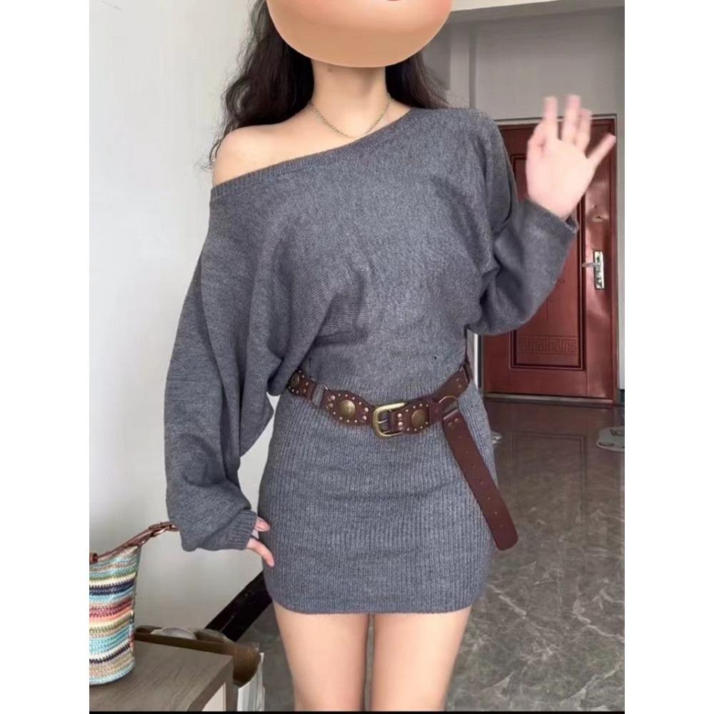 Осеннее женское трикотажное платье для взрослых с вырезом-лодочкой и открытыми плечами, с длинным рукавом, с высокой талией, облегающие мини-платья, вязаные платья