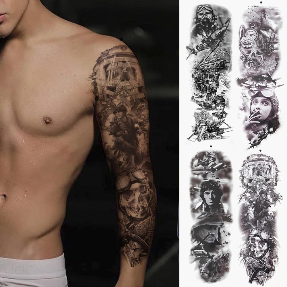 3D Солдат ВВС Вся Рука Временные Татуировки Наклейка Для Мужчин Женщин Взрослых Военный Корабль Компас Поддельный Рукав Татуировки Татуировки Бедро