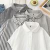 Японская блузка Mori Girl из двухслойного хлопка с воротником Питер Пэн - с коротким рукавом, свободного кроя, белая в полоску рубашка для женщин