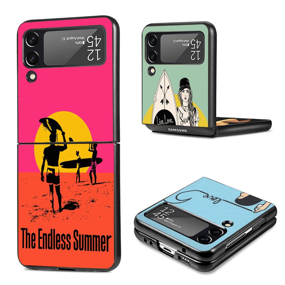 Surfboard Surfing Art Surf Girl Summer Hard Black Cover for Samsung Galaxy Z Flip 7 6 5 4 3 5G Phone Case Flip7 Flip6 Flip5 Flip