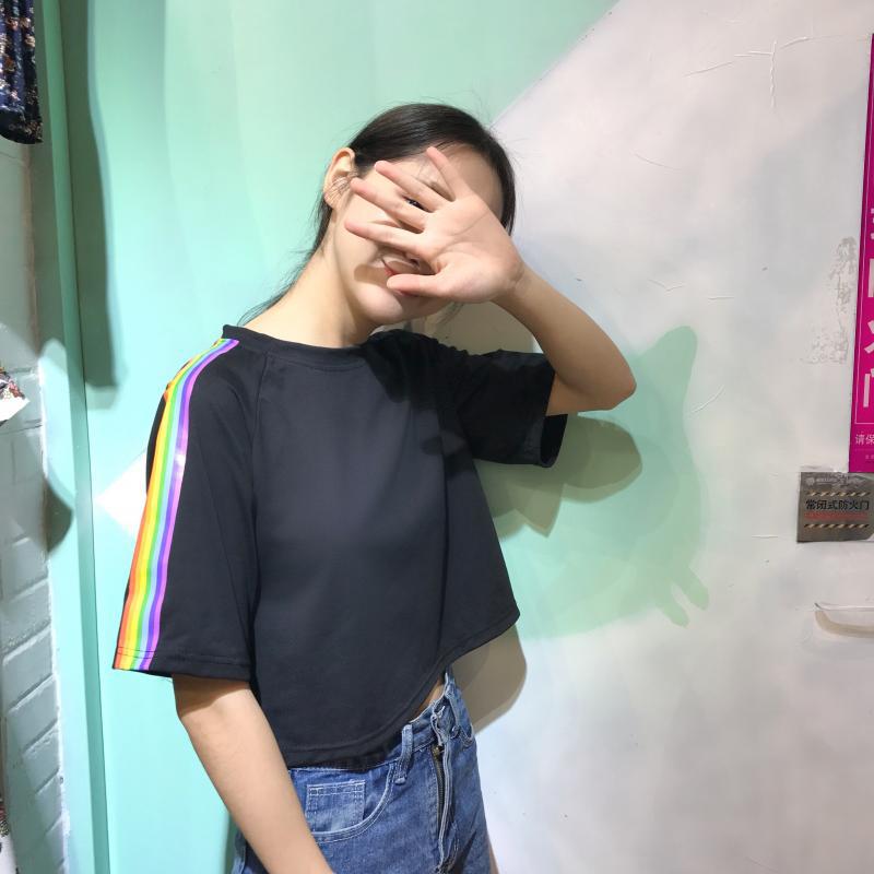 Новая летняя корейская версия свободная футболка с коротким рукавом и высокой талией для студенток, женский принт, короткий топ, открывающий живот