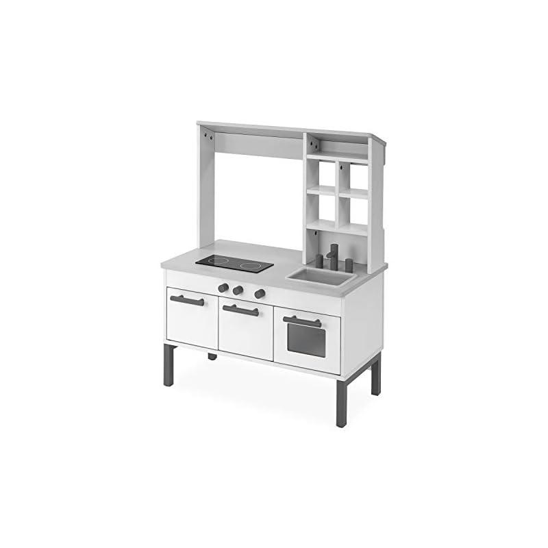 LOWYA Кухня для ролевых игр и набор для еды, идеально подходит для игры в продавца, с ящиком для игрушек и местом для хранения, Деревянная развивающая игрушка, Белый/Серый