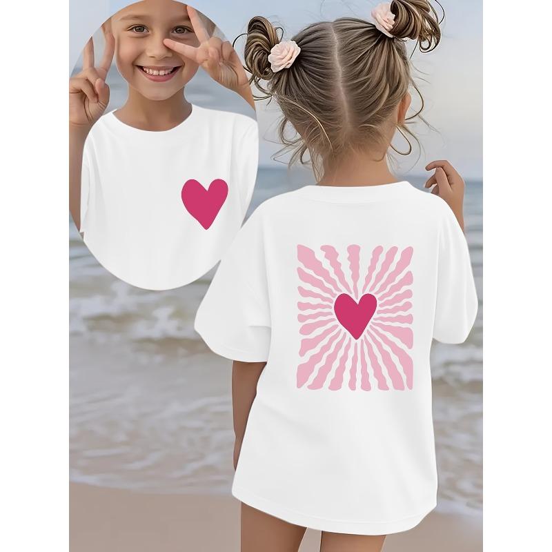 European sizes Summer Fashion Girls' Short-Sleeve T-Shirt with Heart Cartoon Pattern Double-Sided Print, Casual and Versatile Top