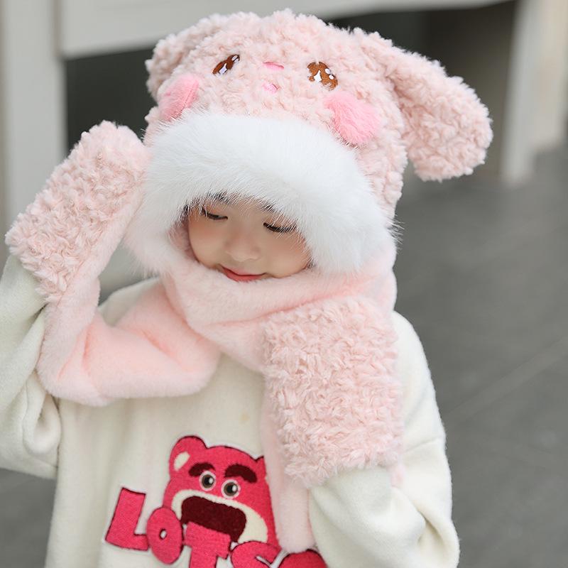 Children's Plush Winter Hat Set: Three-Piece Scarf, Gloves, and Ear-Protecting Cap