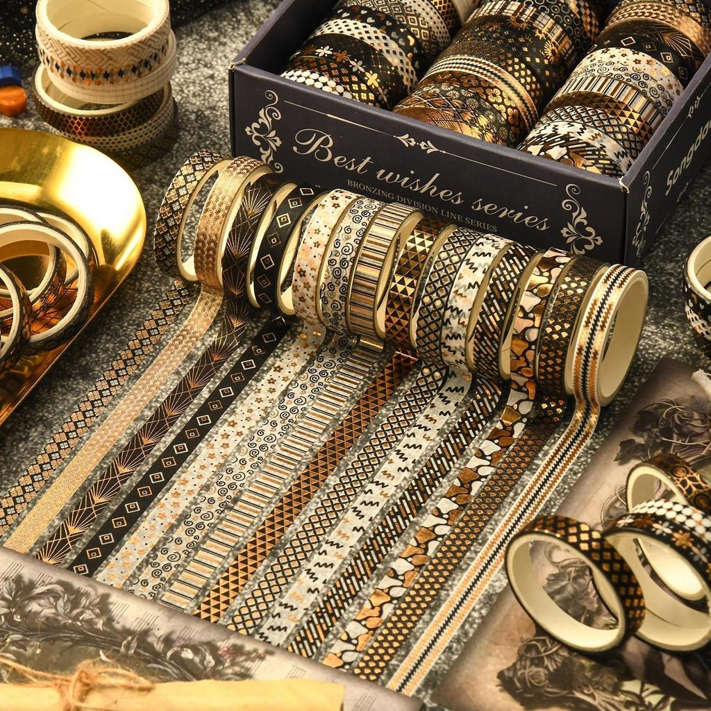 36rolls Best Wishes Washi Tapes Set Basic Pattern Gold Stamping 7mm Lace Adhesive Masking Decoration Stickers Gift Packing