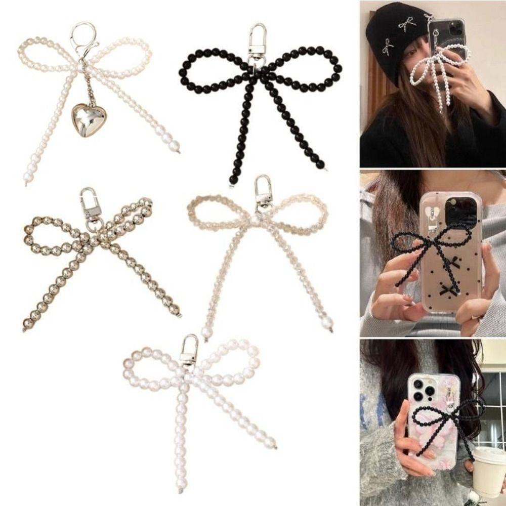3D Pearl Bow Pendant Hanging Ornament Cellphone Lanyard Keyring Pearl Bowknot Keychain Women Girls