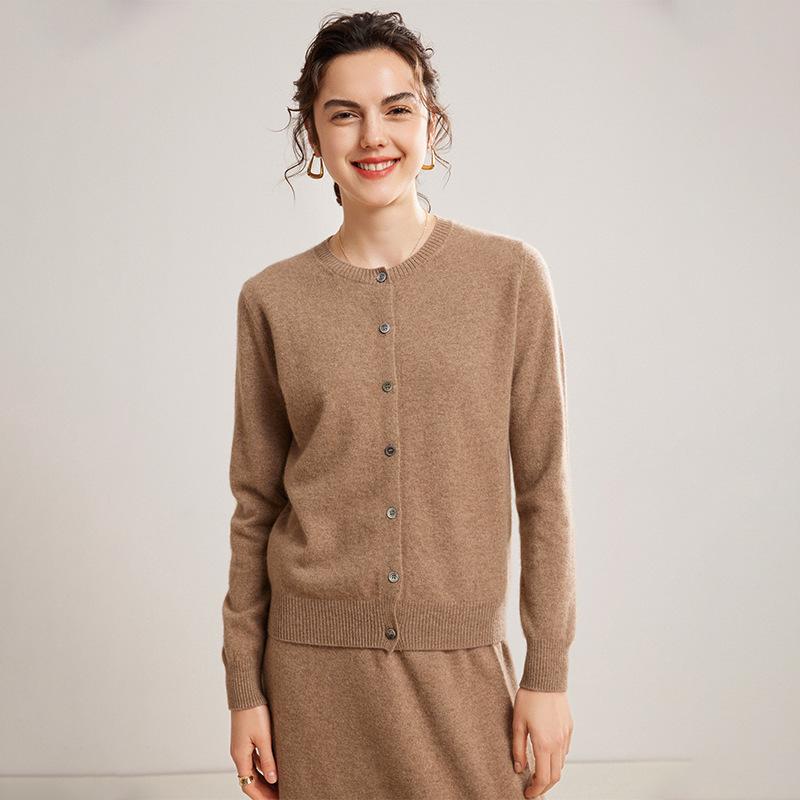 Mengyi Women's Pure Cashmere Round Neck Cardigan - Solid Color, Loose Fit, Warm Knit Outerwear for Spring/Autumn
