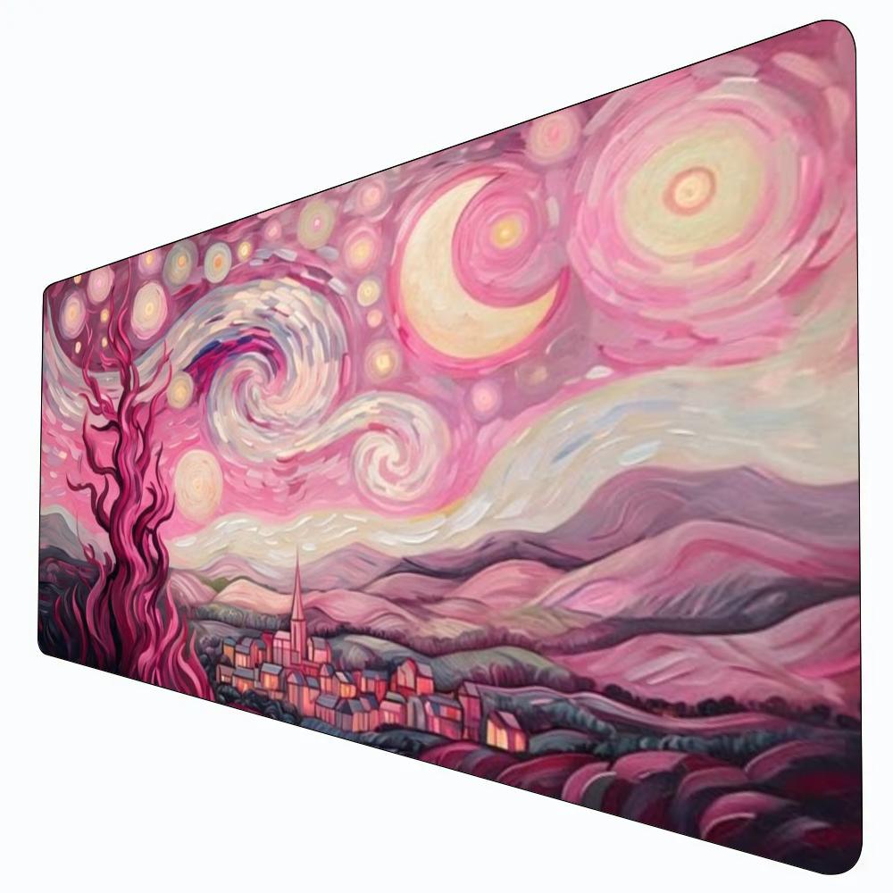 Impressionist Pink Sky Desk Pad Rubber Mousepad Starry Night Inspired Pink Swirl Cloud Crescent Moon Fantasy Town And Twisted