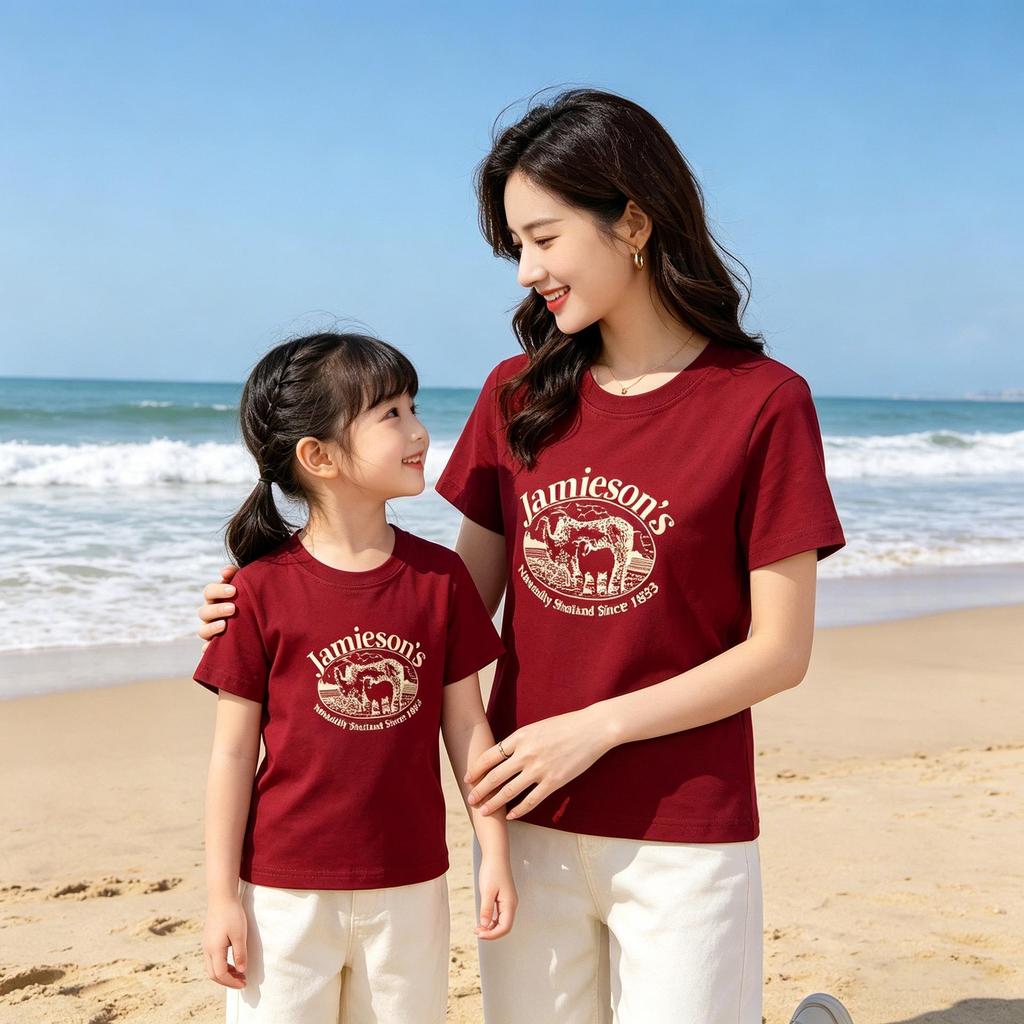 100% Cotton Lamb Print Mother-Daughter Matching Short Sleeve T-Shirt - Round Neck, Casual Top