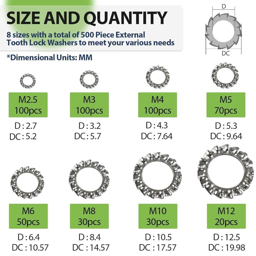 500PCS 304 Stainless Steel Spring Lock Washers Assortment Kit Star Serrated Lock Washers DIY