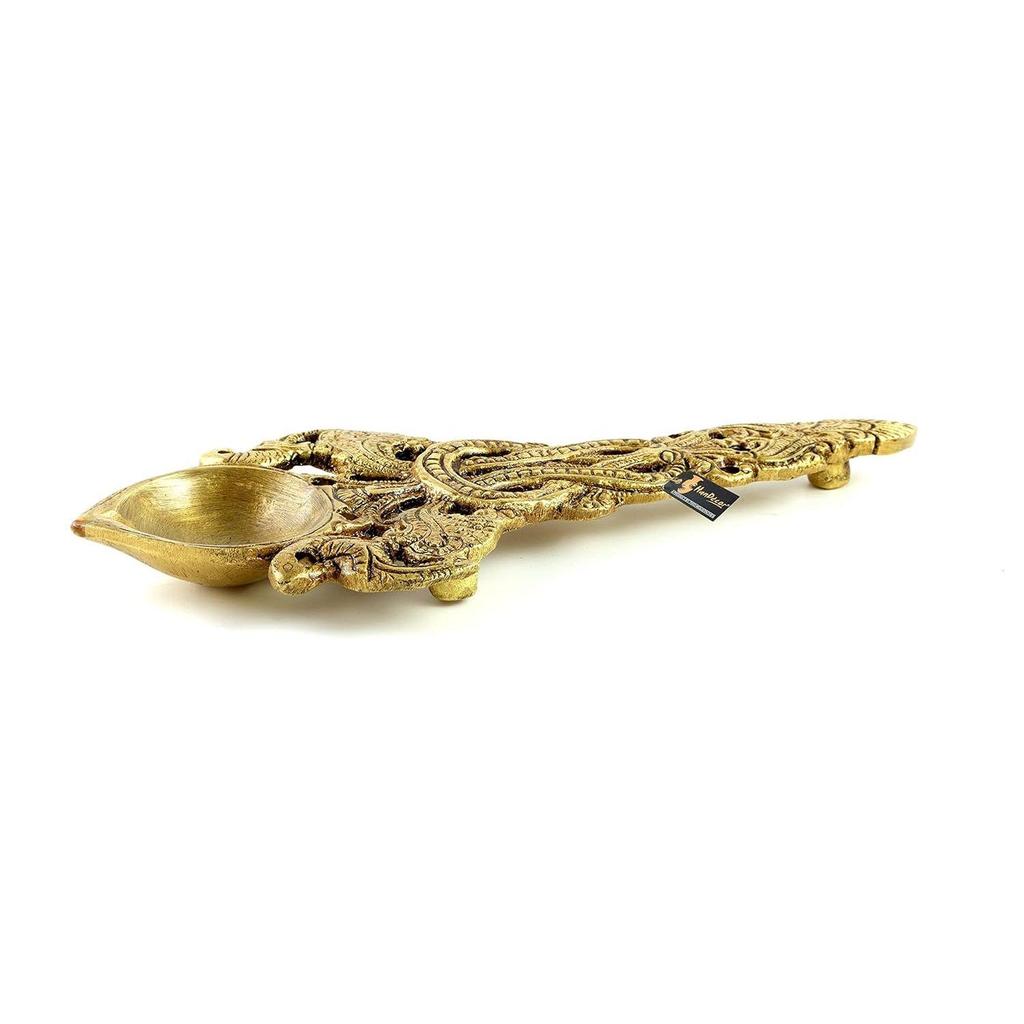 Twin Peacock Design Round Brass Pooja Aarti Spoon, Hawan Spoon for Pouring Ghee In Hawan Kund, Antique Yellow NEW