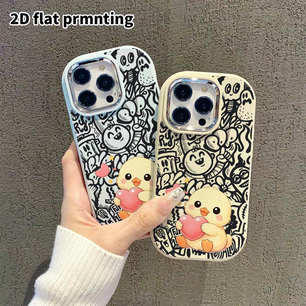 Phone Case: 2D flat design suitable for iPhone 18 17 16 15 14 13 Pro protective case, couple style, hugging a cute little yellow duck, Christmas and H