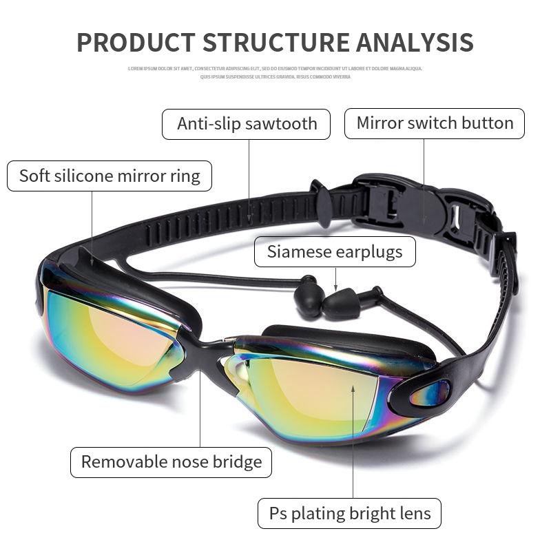 Swimming Goggles Swimming Ear Plugs Professional Waterproof Glasses HD Anti-Fog UV Silicone Adjustable Glasses Men Clear Goggles