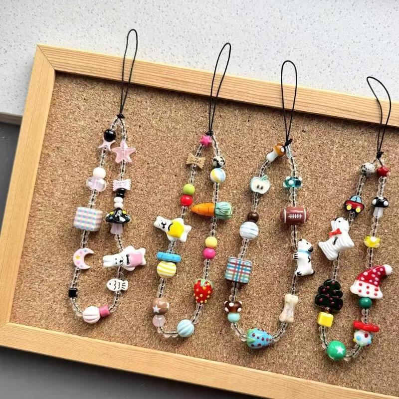 Y2K Aesthetic Beaded Phone Chain Ins Style Cartoon Mobile Phone Lanyard Keycord Anti Lost Key Strap Bag Pendant Cellphone Straps