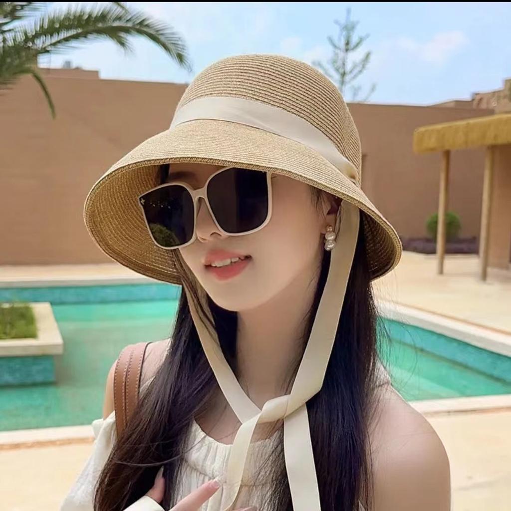 New French floral bow straw hat women's summer seaside beach vacation big eaves sunshade sun hat