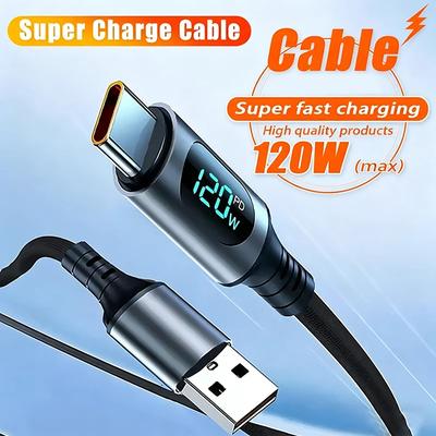 120 Вт Кабель 6 А Super Fast Charging Кабель USB-C Плетеная нейлоновая оплетка Со светодиодным цифровым дисплеем Для Samsung Xiaomi Huawei Дата-кабель Новый